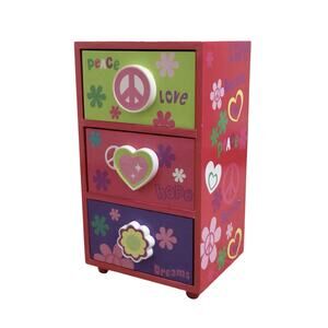 Vintage Mele Pink Peace Love Hippie Wooden Trinket Jewelry Box 90s y2k Storage